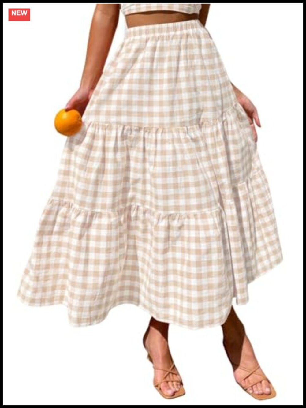 Tiered Gingham Maxi Skirt 100% Cotton High Waist A-Line with Pockets